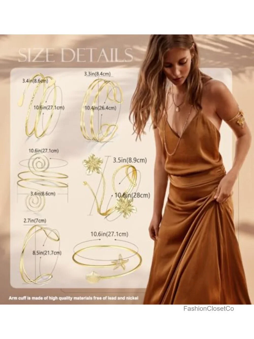 6 Piece Open Cuff Upper Arm Bracelet Set - Gold Tone Alloy Adjustable